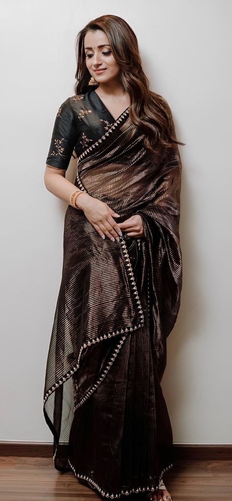 Trisha Saree, Haldi Ceremony Outfit, Trisha Krishnan, Bridal Sarees South Indian, Deepika Padukone Style, Saree Blouse Designs Latest, Black Saree, Designer Dresses Casual, Bridal Blouse Designs