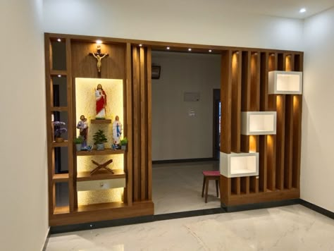 Pooja Partition Design, Hall Partition Living Rooms Wood, Hall Partion Ideas, Living Room Partition With Pooja Unit, Partition For Pooja Room, Partition For Mandir, Pooja Room Partition In Hall, Living Room Retro, Wall Partition Design