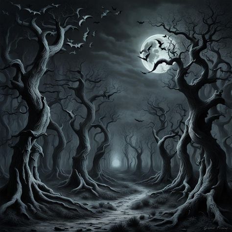 Dark Forest Landscape, Celtic Forest, Scary Woods, Forest Sketch, Halloween Illustrations, Rp Ideas, Chique Outfits, Halloween Illustration, Tree Photography