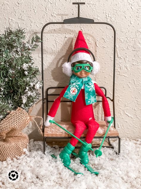 Elf On The Shelf Skiing Ideas, Elf On The Shelf Snow, Elf Airplane, Elf Skiing, Elf On Shelf Sledding, Elf On The Shelf Snow Angle, Ski Lift Chair, Ski Set, Fake Snow