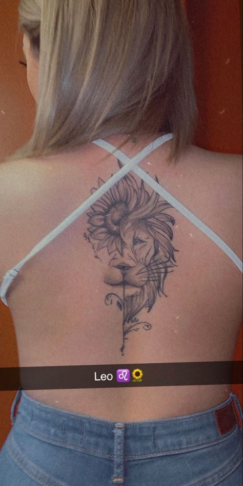 Lion Tattoo For Women On Back, Leo Zodiac Tattoos For Women Back, Lion Back Tattoo Women Leo, Leo Sunflower Tattoo Zodiac Signs, Leo Rib Tattoo, Lion Spine Tattoos For Women, Sunflower Back Tattoo Spine, Leo Back Tattoo Women, Leo Thigh Tattoo Women