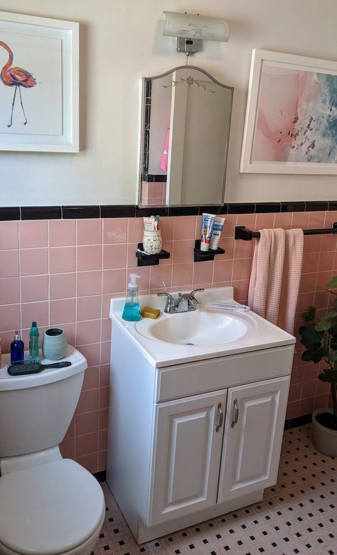 How To Save A Pepto-Bismol Pink Bathroom, According to an Interior Designer 1950s Pink And Black Bathroom, Vintage Pink Tile Bathroom Makeover, 1960s Pink Bathroom, Retro Pink Tile Bathroom, Pink Bathroom Inspiration, Pink Black And White Bathroom, Old Pink Tile Bathroom Ideas, Mid Modern Bathroom, Vintage Pink Tile Bathroom