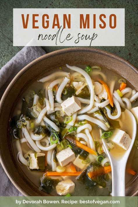 Vegan Miso Noodle Soup - Not only is this soup easy to make, it’s so comforting and good for you. Protein from the tofu, iodine from the seaweed and probiotics from the miso. With a little something extra thanks to the chewy udon noodles and carrots. By Devorah Bowen for her monthly "The Art of Soups & Stews" column. via @bestofvegan1 Miso Udon, Miso Noodle Soup, Tofu Noodles, Tofu Soup, Healthy Plant Based Recipes, Soup Easy, Udon Noodles, Noodle Soup Recipes, Vegan Comfort Food