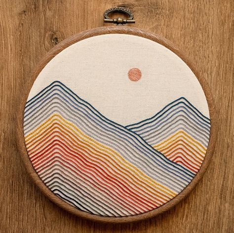 Abstract Sunrise Mountains Hoop Art modern Hand Embroidery Wall Hanging - Etsy Abstract Sunrise, Modern Hand Embroidery Patterns, Modern Hand Embroidery, Abstract Embroidery, Digital Embroidery Patterns, Embroidery Wall Art, Diy Embroidery Patterns, Hand Embroidery Projects, Pola Sulam