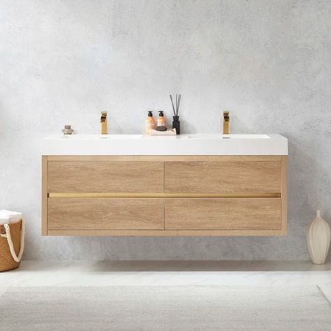 Sable 59.8'' Double Bathroom Vanity & Reviews | Joss & Main Contemporary Powder Room, Wood Bathroom Vanity, Square Sink, Double Sink Bathroom, Double Bathroom, Double Sink Bathroom Vanity, White Sink, Floating Vanity, Sink Top