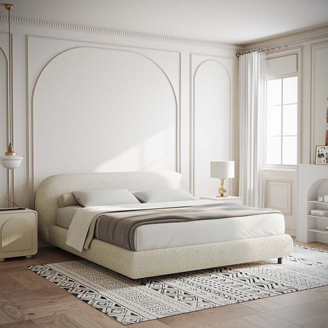 Queen/King Platform Bed Frame, Upholstered Bed Frame,  Boucle Cream Headboard Bedroom, Bed With No Headboard Ideas, Cream Headboard Bedroom Ideas, Bed Frame Beige, Curved Bed Frame, Bed Frame Upholstered, Beige Headboard, King Platform Bed Frame, Bed Frame Queen