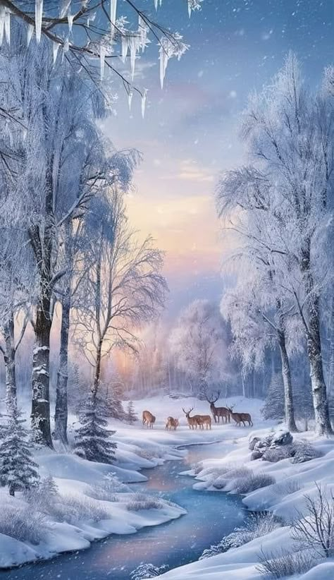 Winter Landscape Wallpaper, Snowfall Wallpaper, Winter Scenes Wonderland, Tranquil Dawn, Frozen River, Christmas Tree Forest, Winter Lovers, Golden Sunrise, Deer Pictures