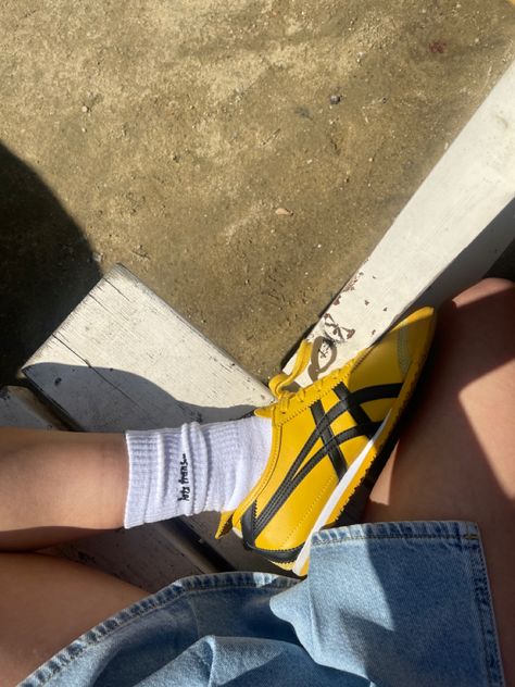 Asics, onitsuka tiger, sneakers, summer shoes, summer, yellow shoes, pop of color, statement piece, jean skirt, skort, denim, ootd, outfit, inspo, urban outfitters. Sneakers Onitsuka Tiger, Okinawa Tiger Shoes, Asics Yellow Shoes, Asics Tiger Outfit, Yellow Tiger Shoes, Yellow Asics Outfit, Onitsuka Yellow Outfit, Onitsuka Tiger Mexico 66 Yellow Outfit, Asics Onitsuka Tiger Outfit