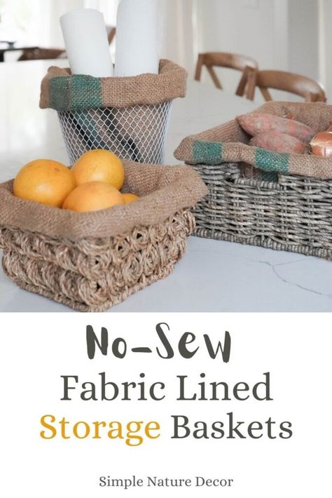 Use burlap coffee bags to make these no sew lined storage baskets. Diy Wicker Basket, Dollar Tree Storage, Burlap Coffee Bags, Coffee Bean Bags, Fabric Storage Baskets, Basket Liners, Beautiful Storage, Diy Basket, Budget Friendly Decor