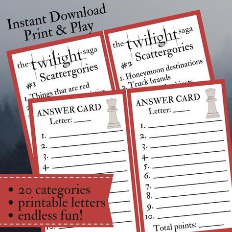 Twilight Saga Printable Party Game | Etsy Twilight Themed Party Games, Twilight Bingo, Twilight Party Games, Twilight Watch Party, Twilight Birthday Party Ideas, Twilight Party Ideas, Twilight Birthday, Twilight Party, Team Edward