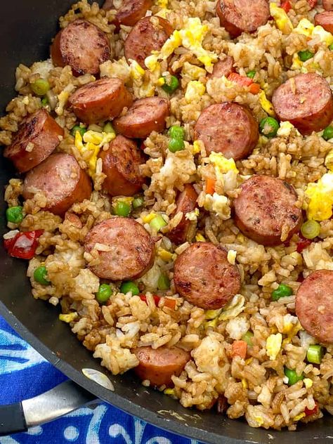 Sausage Fried Rice - Plowing Through Life Hillshire Farm Sausage Recipes, Sausage Fried Rice, Skillet Food, Andouille Sausage Recipes, Egg And Sausage, Sausage Recipes For Dinner, Sausage Rice, Rice Side Dish Recipes, Smoked Sausage Recipes