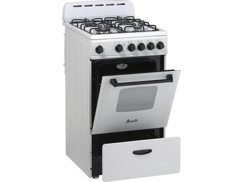 Avanti 20" White Gas Range Small Studio Apartment Kitchen, Mod Fireplace, Studio Apartment Kitchen Ideas, Off Grid Living Ideas, Kitchen Ideas Galley, Can Conversion, Small Gas Stove, Schoolhouse Kitchen, Kitchen And Living Room Ideas