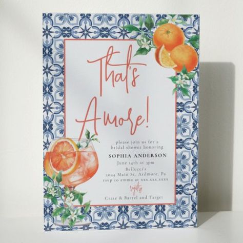 $2.35 | Watercolor That's Amore Spritz Bridal Shower #bridal shower invitations, love at first spritz, summer, main squeeze, orange, thats amore, italian, mediterranean, modern watercolor, aperol spritz Mediterranean Party Invitations, Italian Themed Wedding Invites, Spritz Shower Theme, Italian Summer Invitation, Italian Hens Theme, Bachelorette Italian Theme, That’s Amore Bridal, Aperol Spritz Shower Theme, Positano Invitation