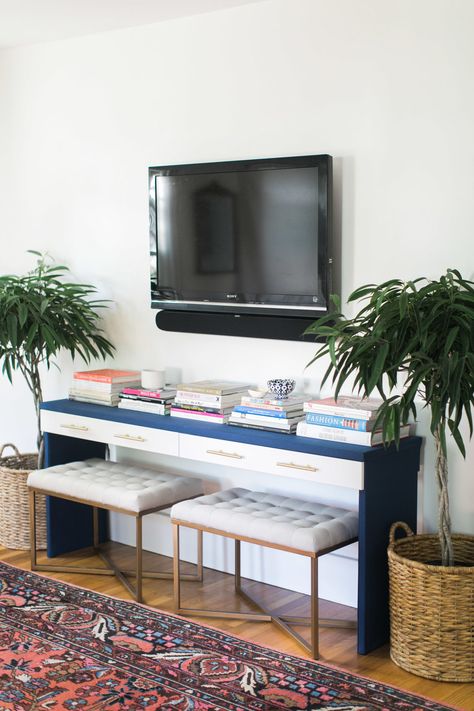 Ikea Hack: DIY Console Table Table Under Mounted Tv, Diy Console, Under Tv, Diy Console Table, Style Me Pretty Living, Living Tv, Flat Screen Tv, Best Ikea, Modern Console Tables