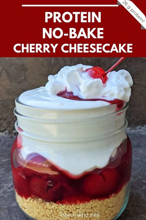 Low Calorie Cherry Cheesecake, Protein Powder Cheesecake No Bake, Clean Eating Cheesecake, No Bake High Protein Snacks, No Bake Strawberry Protein Cheesecake, Low Cal High Protein Cheesecake, Protein Cherry Cheesecake, Macro Friendly Finger Foods, Protein No Bake Cheesecake