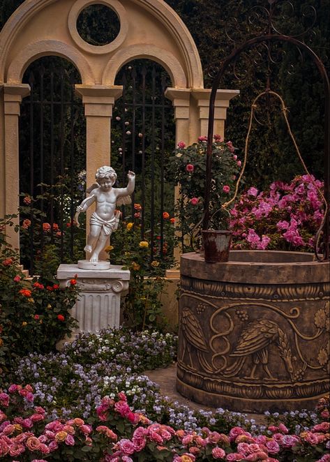 best picture ive taken & edited #photography #gardensbythebay #rose #angel #cupid #greek #well #garden #singapore Victorian Rose Garden, Cupid Statue, Edited Photography, Greek Goddess Aesthetic, Well Garden, Angel Cupid, Statue Fountain, Victorian Gardens, Goddess Aesthetic