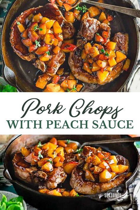 You only need one skillet and about 30 minutes for these tender and juicy pan fried pork chops with peach sauce. The peach glaze is sweet and savory, thanks to plenty of garlic, fresh herbs, brown sugar, Dijon and cider vinegar, making it the perfect topping for a simple, affordable cut of meat. Peach Chutney Recipes, Pork Chop Sauce, Balsamic Pork Chops, Peach Pork Chops, Peach Glaze, Pan Fried Pork Chops, Peach Sauce, Ginger Chutney, Pork Sauce