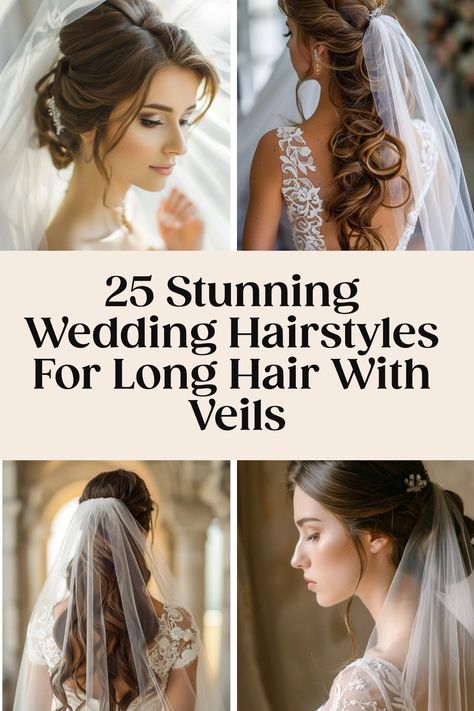 Bride with long hair styled in elegant updos and adorned with veils. Timeless Updo, Soft Wedding Hair, Wedding Hair With Veil, Hair With Veil, Elegant Wedding Hairstyles, Romantic Waves, Intricate Braids, Classic Updo, Big Braids