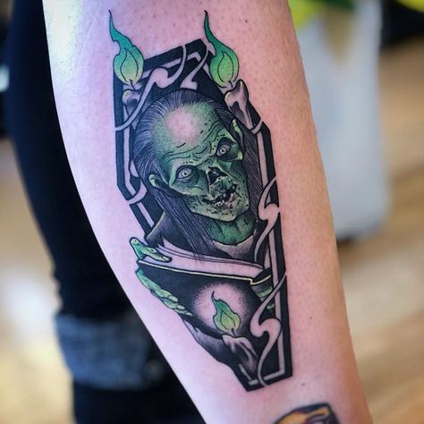 Coffin Tattoo, Crypt Keeper, Horror Movie Tattoos, Lower Leg Tattoos, Buddha Tattoo Design, Movie Tattoos, Spooky Tattoos, Horror Tattoo, Halloween Tattoos