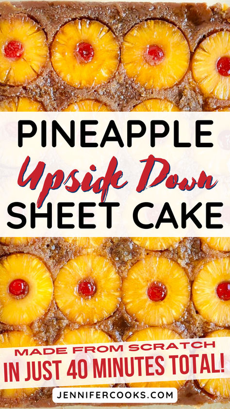 Our Pineapple Upside Down Sheet Cake can be made from scratch in just 40 minutes total! A rich caramel base is topped with juicy pineapple rings and sweet maraschino cherries, then covered with a buttery, almond-infused cake batter. Baked to golden perfection, this cake flips beautifully to reveal a stunning, fruity topping. Perfect for any gathering, it’s a guaranteed crowd-pleaser. Pinapple Cake Upside Down, 8x8 Pineapple Upside Down Cake, Sheet Pan Pineapple Upside Down Cake, Pineapple Upside Down Cake For A Crowd, Pineapple Upside Down Cheesecake Cake, Pineapple Right Side Up Cake, Pineapple Upside Down Sheet Cake, Easy Pineapple Upside Down Cake Recipe, Pineapple Sheet Cake Recipe