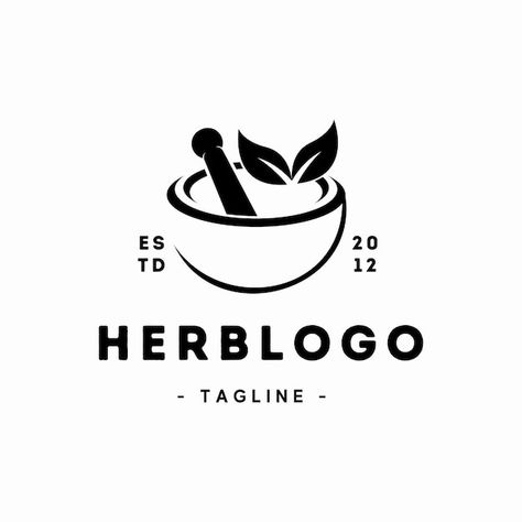 Herb Logo Design, Herb Logo, Leaf Bowl, Mortar Pestle, Logo Idea, Badge Logo, Vector Illustration Design, Natural Herbs, Logo Concept