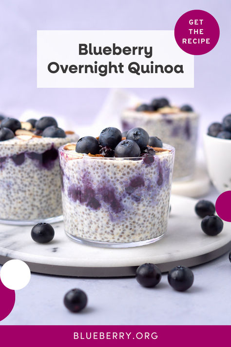 Switch up your morning grain game with our Blueberry Overnight Quinoa, a fun twist on overnight oats. Yes, your quinoa can multitask for you in sweet dishes as well as savory! This dish adds a yummy blueberry compote to a quinoa base sweetened with warm maple and vanilla flavors and enhanced with chia seeds. It’s perfect for meal preppers and anyone looking for a delicious, filling breakfast or snack on the go. Top with fresh blueberries for an extra pop of flavor and nutrients! Quinoa And Yogurt Breakfast, Quinoa Overnight Breakfast, Overnight Quinoa Breakfast, Overnight Quinoa, Fasting Meals, Blueberry Pudding, Blueberry Compote, Yogurt Breakfast, Quinoa Breakfast