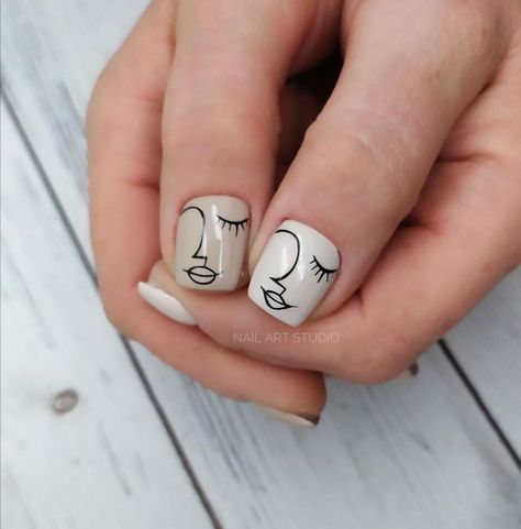 Nail With Face Design, Line Drawing Nail Art, Nails With Faces Design, Nails With Faces, Picasso Nails, Face Nails, Heart Nail Designs, Minimalist Nail Art, Modern Nails