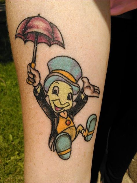 Jimmy Cricket tattoo artist Olivia Alden Jimmy Cricket Tattoo, Cricket Tattoo Ideas, Jiminy Cricket Tattoo, Cricket Tattoo, Jimminy Cricket, Jimmy Cricket, Bowie Heroes, Disney Sleeve Tattoos, Jiminy Cricket