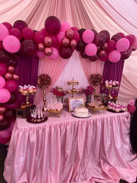 Create a pretty and dreamy party setup with a dash of creativity and festive colors using radiant pink-themed décor items. Opt for our chrome pink and purple latex helium balloons to glam the backdrop up and incorporate with luxe purple velvet backdrop curtain panels. Dress the table up in a rose gold pleated satin table skirt and add other gorgeous accessories like cake stands, rose flower balls on stands, and candleholder sets to complete the lavish look. Decor With Balloons, Girl Theme Party, Velvet Backdrop, Event Decor Ideas, Party Decorations Table, Chrome Pink, Flower Balls, Candle Stands, Party Setup