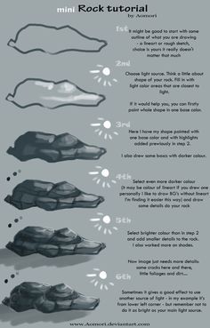 Mini rock tutorial by *Aomori on deviantART Rock Tutorial, Illustration Tips, Clothing Drawing, Digital Art Tutorial Beginner, Beginners Drawing, Shading Drawing, Sketches Drawing, Illustration Landscape, Mini Rock