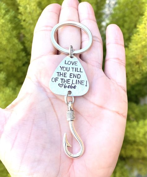 Love You Until The End Of The Line, Christmas Gift For Him,Fishing Keychain, Natashaaloha, Boyfriend Gift, Personalized Lure, Love You More, by natashaaloha on Etsy Fishing Keychain, Custom Lures, Bar Keychain, Girls Keychain, Sweet 16 Gifts, End Of The Line, Hand Stamped Keychain, Treble Hook, Feminist Gift