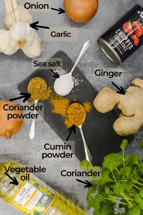 Ingredients for homemade Indian restaurant curry base sauce recipe Curry Sauce Recipe, Curry Sauce Recipe Indian, Easy Curry Sauce, Homemade Curry Sauce, Curry Spice Mix, Best Curry, Homemade Curry, Spice Mix Recipes, Curry Spices