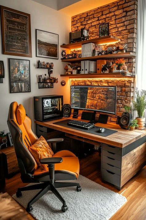 Pc Tower Desk Setup, Small Home Office With Couch, Office Window Design, Office Space Design Home, Computer Room Design, Home Office Bright, Industrial Office Ideas, Classic Office Design, Casa Rock