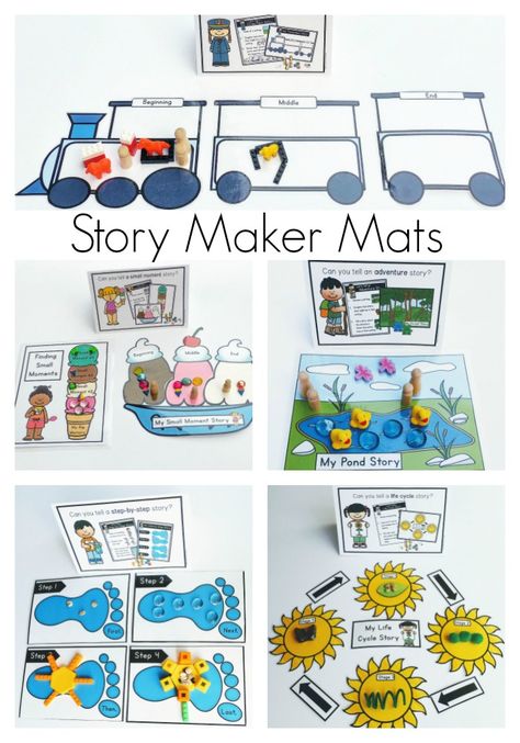 Discover how to use these graphic organizers, called Story Maker Mats, to support teaching preschool, kindergarten, and first grade children how to retell a story or fairy tale. Each mat illustrates a different story structure like beginning, middle, and end or problem & solution and comes with a printable worksheet & anchor chart. Use these ideas & activities during reading workshop or literacy centers as an alternative to a story hand, story rope, story glove or story stick. Story Workshop Kindergarten, Retelling Story Activities, Story Retelling Activities First Grade, Kindergarten Retelling Stories, Retelling A Story First Grade, Prek Story Retelling, Literacy Preschool, Story Workshop, Kindergarten Library