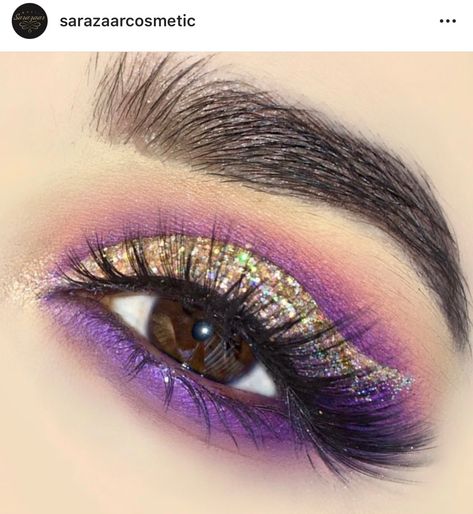 Purple & gold eye makeup - glitter from Sarazaar Purple Goddess Makeup, Purple Concert Makeup, Purple And Gold Eyeshadow Looks, Purple And Gold Makeup Looks, Purple Gold Eye Makeup, Gold And Purple Makeup, Purple And Gold Eye Makeup, Rapunzel Makeup Look, Pippin Makeup