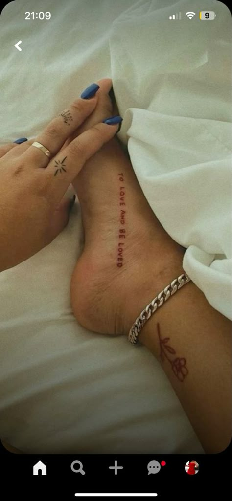 Across Leg Tattoo, Red Tattoo Patchwork, Red Foot Tattoo, Red Dainty Tattoos, Red Tattoo Ideas Female, Dainty Sleeve Tattoo, Red Writing Tattoo, All Red Tattoo, Spontaneous Tattoo Ideas