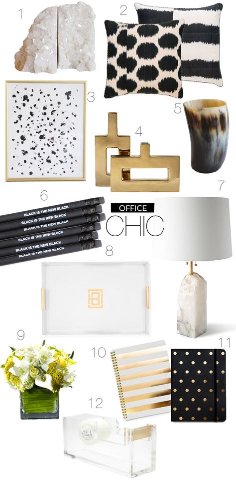 Black and white and gold - office chic :) Diy Desk Accessories, White Office Decor, Gold Office Decor, Gold Office, Work Office Decor, Office Chic, White Office, Office Crafts, Craft Room Office