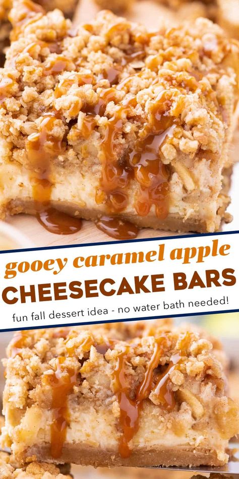 Apple Cheesecake Bars, Caramel Apple Cheesecake Bars, Caramel Apple Cheesecake, Desserts Healthy, Apple Cheesecake, Cheesecake Bar Recipes, Recipes Thanksgiving, Apple Dessert Recipes, Impressive Recipes