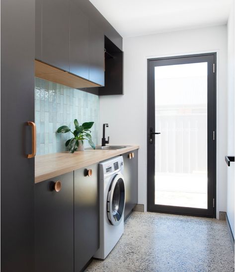 Scandinavian Laundry Room, Coin Machine, Laundry Reno, Green Tile Backsplash, Narrow Laundry, Contemporary Laundry Room, Modern Laundry Room, Laundry Doors, Modern Laundry