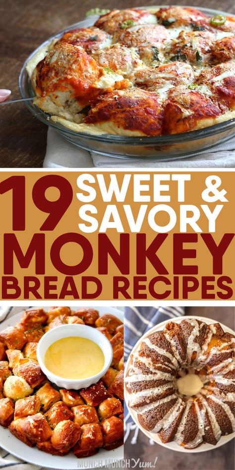 Best MONKEY BREAD recipes. How to make amazing DIY pull apart breads. Easy tutorials, videos for homemade doughs with canned biscuits like Pillsbury Grand, Rhodes, or from scratch. Sweet breakfast cinnamon roll, with butterscotch pudding and pecans, cream cheese, apple, pumpkin, chocolate, Christmas, or banana bread. Savory garlic bread, veggie pizza. Creative ways like in crockpot, instant pot, overnight, without bundt pan, 9 x 13 casserole, mini muffins. Healthy vegan, gluten free options too Sheet Pan Monkey Bread, Pull A Part Bread Recipes, Pillsbury Pull Apart Dough Recipes, Pull Apart Dessert Recipes, Crockpot Pull Apart Bread, Bundt Bread Recipes, Monkey Bread Appetizer, Monkey Bread With Canned Biscuits Easy, Savoury Monkey Bread Recipe