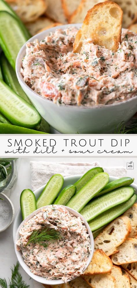 Savory Cheesecakes, Fish Dip Recipe, Recipe With Dill, Smoked Trout Dip, Smoked Trout Recipe, Keto Dips, Trout Recipes, Fancy Appetizers, Food Boards