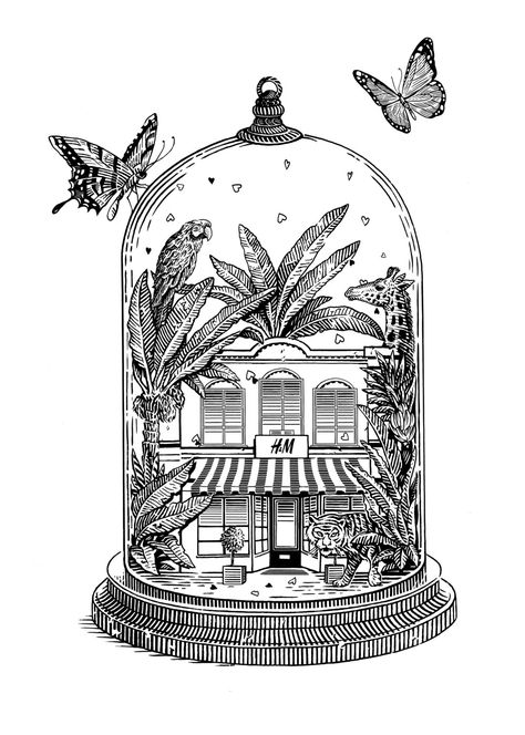 Glass House Drawing, Glass House Tattoo, Bell Jar Drawing, Fineliner Art Illustration, Globe Sketch, Teacup House Drawing, Terrarium Art Drawing, Vintage Globe Drawing, Glasshouse Illustration