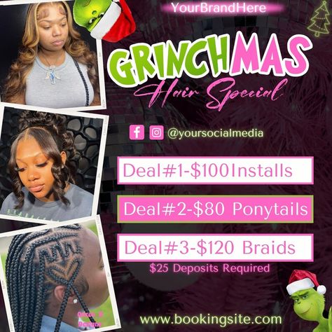 Business Flyers Ideas Creative, Hair Sale Flyer Ideas, Flyers For Hairstylist, Christmas Hair Sale Flyer, Christmas Hair Flyers Ideas, Hair Promotion Flyers, Hair Deals Flyer, Christmas Sales Ideas, Hair Flyers Ideas Canva