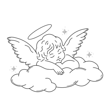 Simple Angel Tattoos, Tatuaje Studio Ghibli, Cloud Tattoo Design, Cupid Tattoo, Cherub Tattoo, Cloud Tattoo, Small Pretty Tattoos, Angel Tattoo Designs, Coloring Art