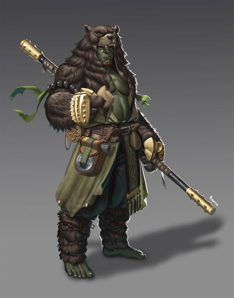 Half Orc Druid, Totem Barbarian, Orc Barbarian, Half Orc Barbarian, Temple Guardian, Owl Bear, Half Orc, Illustration Fantasy, Pathfinder Character