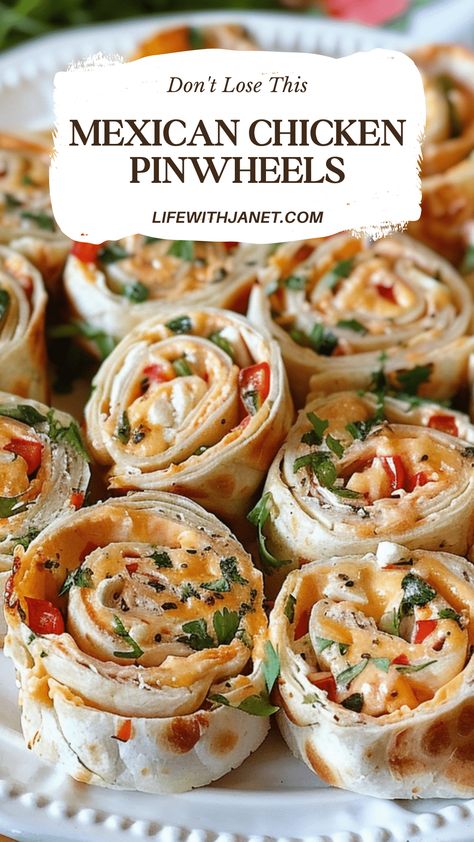 Easy Mexican Chicken Pinwheels Mexican Pinwheels Appetizers, Easy Mexican Chicken, Chicken Pinwheels, Pinwheel Appetizers, Mexican Appetizers, Chicken Appetizers, Crowd Pleasing Appetizers, Pinwheel Recipes, Tasty Chicken