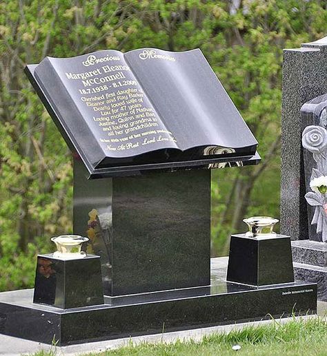 cemetery headstone/tombstone that resembles an open book on a pedestal Monument Ideas, Granite Monuments, Grave Headstones, Grave Monuments, Tombstone Designs, Granite Headstones, Cemetery Monuments, Cemetery Headstones, Birthday In Heaven