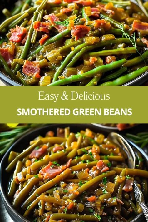 Smothered Green Beans is a savory and slightly sweet side dish that combines tender green beans with smoky bacon and a rich sauce made from brown sugar, butter, soy sauce, and garlic powder. Perfect for holidays, potlucks, or any comforting meal, this dish is easy to prepare and always a crowd-pleaser. Canned Green Bean Recipes With Bacon, Green Beans With Soy Sauce, Green Beans Crispy, Canned Green Bean Recipes, Soy Sauce Green Beans, Cracked Green Beans, Smothered Green Beans, The Best Green Beans, Green Beans Side Dish