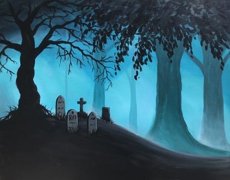 Dirt Nap in the Woods - grave painting Grave Yard Drawing, Graveyard Painting Easy, Grave Painting, Grave Yard Painting, Halloween Painting Landscape, Cemetery Painting, Graveyard Painting, Spooky Woods Painting, Horror Themes