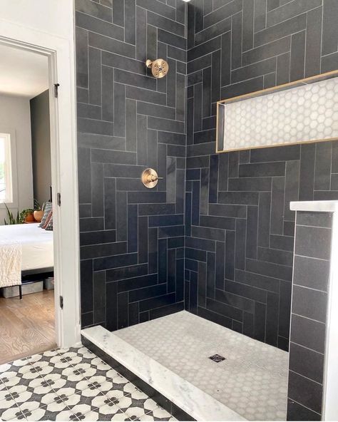 Reddit - RoomPorn - Bathroom with a black herringbone tiled shower, Nashville, Tennessee [1080x1350] Shower Finish Ideas, Gray And Gold Master Bath, Black Herringbone Tile, Tahoe House, Black Tile Bathrooms, Black And White Tile, Master Shower, Bathroom Redesign, Herringbone Tile